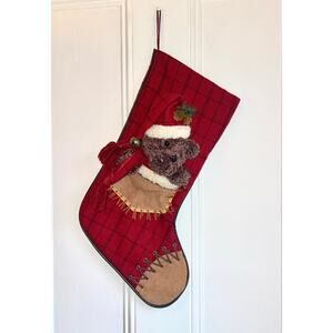 Christmas Stocking 3D Teddy Bear Plush w/ Santa Hat & Bell in Fringe Pocket